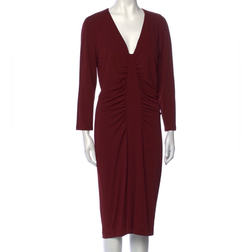 Roberto Cavalli V Neck Burgundy Gathered Accents Midi Sheath Dress